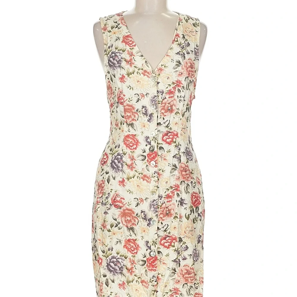 Vintage 90s Sz M Impressions of California Floral Button Down V-Neck Midi Dress - Picture 1 of 9